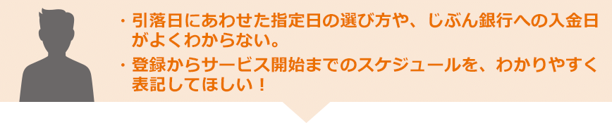 ・引落日にあわせた指定日の選び方や、auじぶん銀行への入金日がよくわからない。・登録からサービス開始までのスケジュールを、わかりやすく表記してほしい！