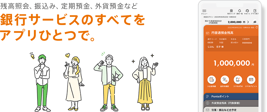 残高照会、振込み、定期預金、外貨預金など 銀行サービスのすべてをアプリひとつで。